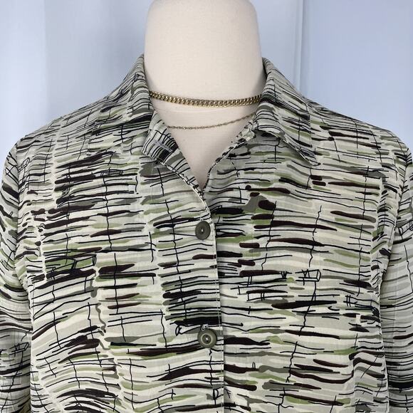 Vintage Top Plus Size 18 Beige Green Abstract Art Button Up Long Sleeve Y2K - Picture 2 of 12